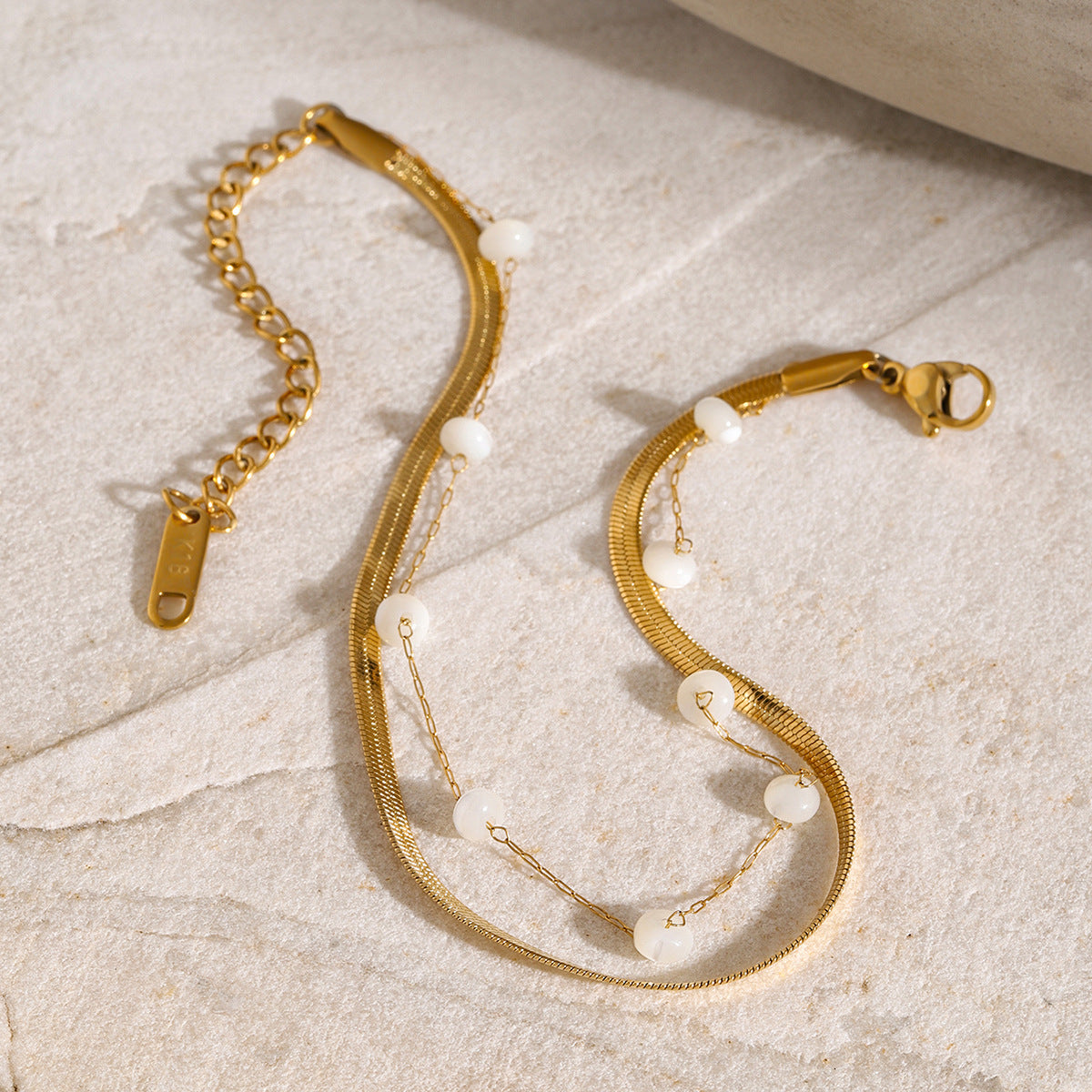 Double-layer 18K gold anklet with bar charm and beaded chain