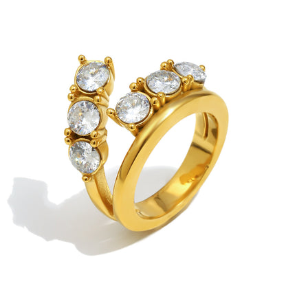 18K gold-plated stainless steel double-layer zircon open ring for women