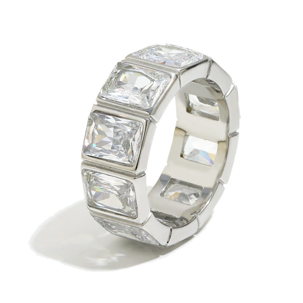 Minimalist geometric hollow-cut stainless steel ring with square cubic zirconia stones in silver finish, modern stackable jewelry for women