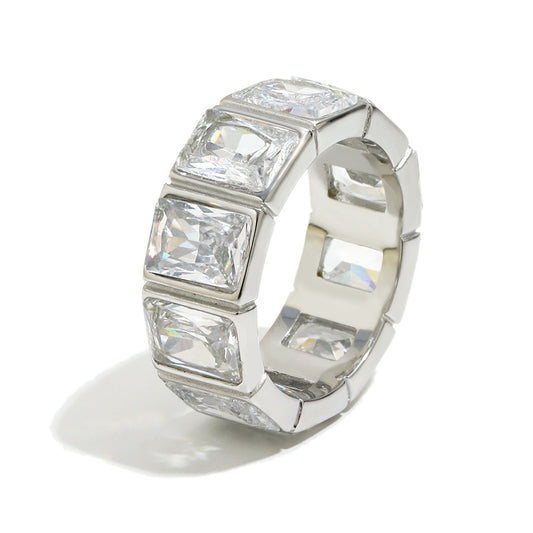 Minimalist geometric hollow-cut stainless steel ring with square cubic zirconia stones in silver finish, modern stackable jewelry for women