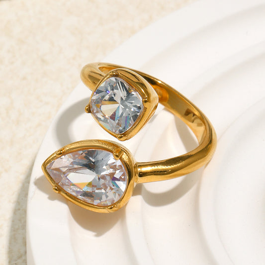 STUD 18K gold-plated stainless steel open ring with dual geometric pear and cushion cut zircon stones