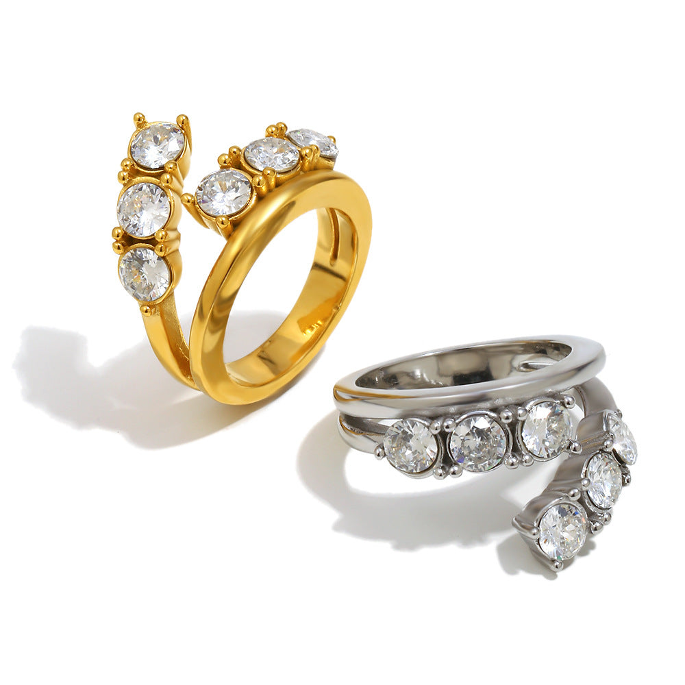 Silver stainless steel double-layer zircon open ring with round stones for women