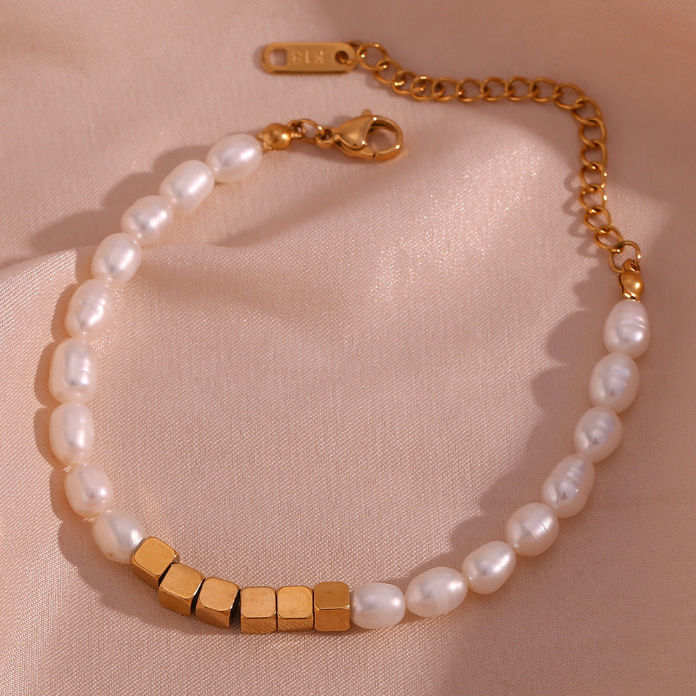 Modern Elegance Beaded Bracelet – Stainless Steel & Pearl