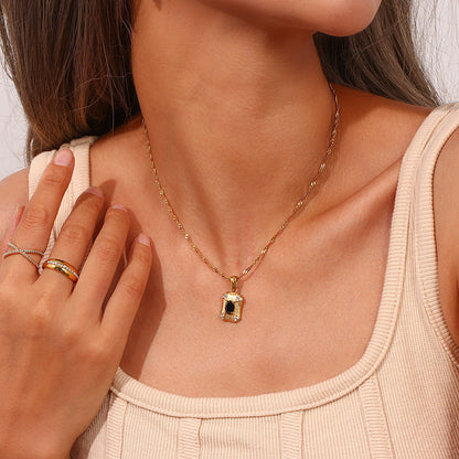 Model Wearing Geometric rectangle necklace with black zircon – polished waterproof design by STUD-Shop Till You Drop