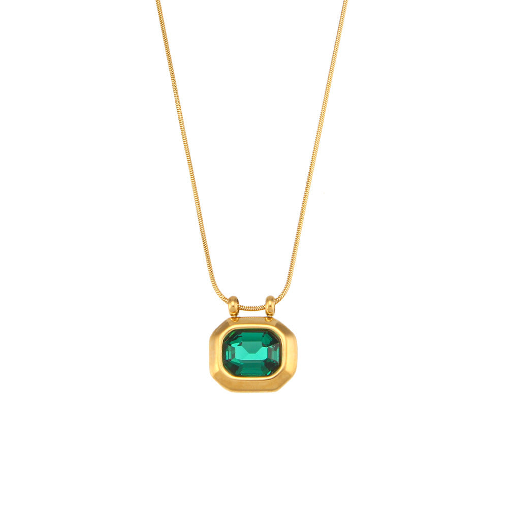 18K gold plated snake chain necklace with green emerald-cut zircon pendant – STUD