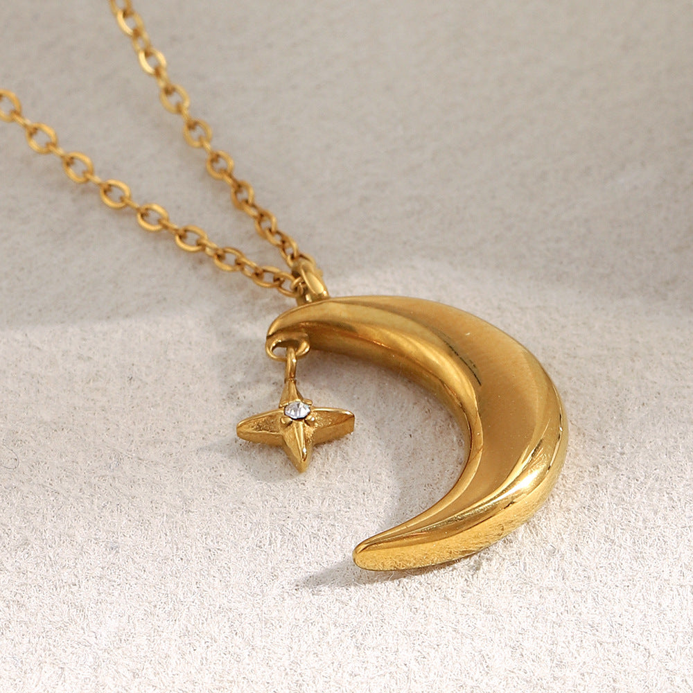 18K gold-plated crescent moon and star pendant necklace on stainless steel chain