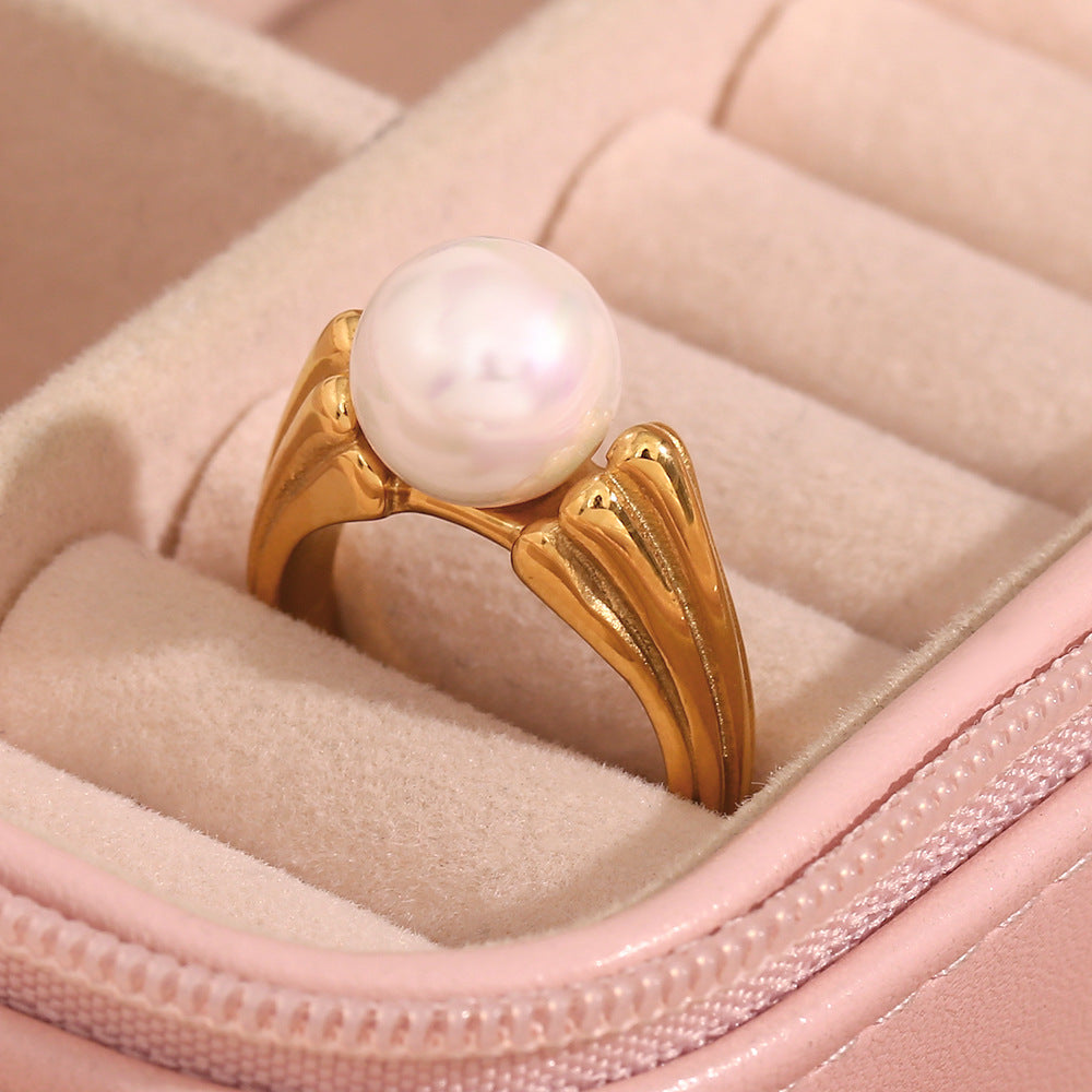 Dual-Sided Textured Pearl Ring | 18K Gold-Plated Stainless Steel