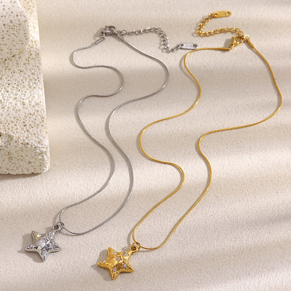 Silver stainless steel star pendant necklace with clear zircon crystals – STUD