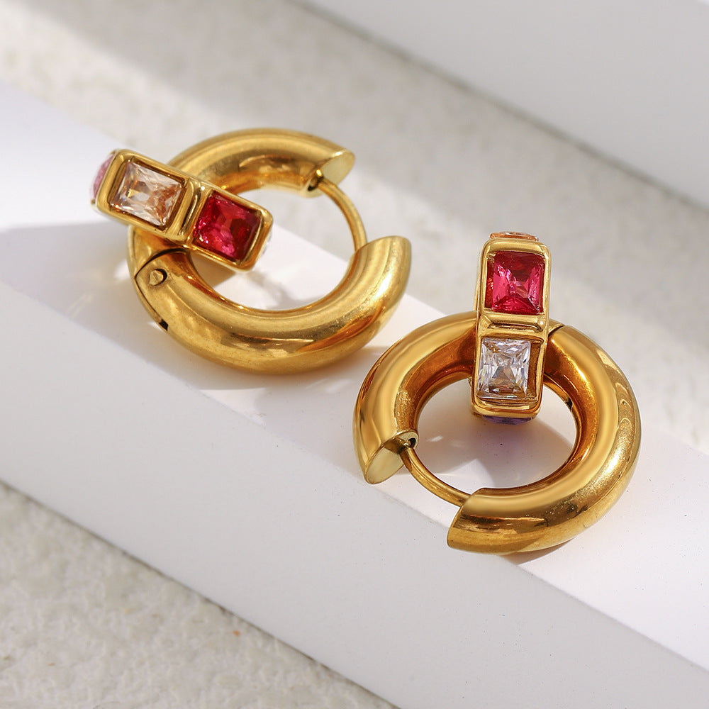 Gold-plated chunky hoop earrings with multicolor geometric gemstones – Aurora Gem Hoops by STUD