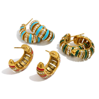 18K gold-plated stainless steel turquoise enamel C-shaped hoop earrings with zircon stones
