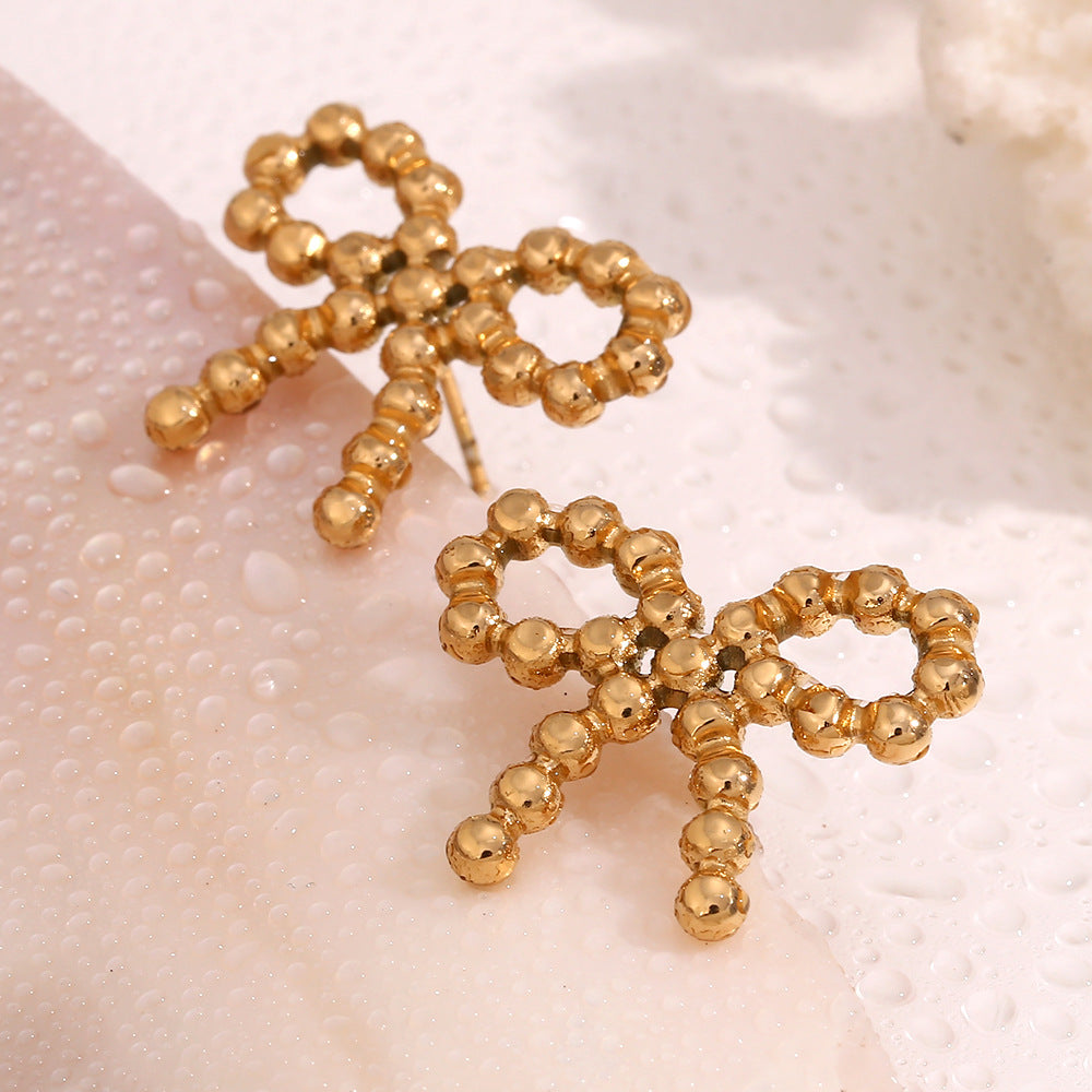 Chic 18K Gold-Plated Round Bead Bow Knot Earrings for Women