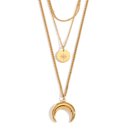 Close View of Layered moon and star charm necklace – 18K gold plated, waterproof & cosmic design by STUD-Shop Till You Drop