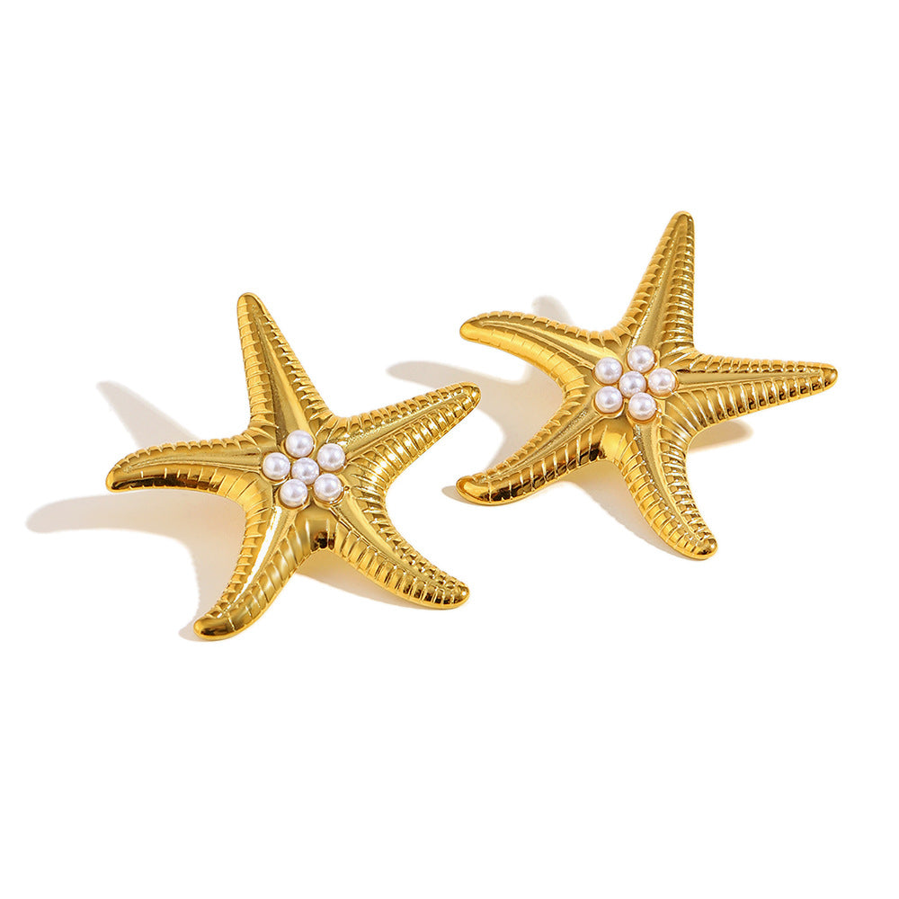 18K gold-plated starfish earrings with faux pearls and textured finish
