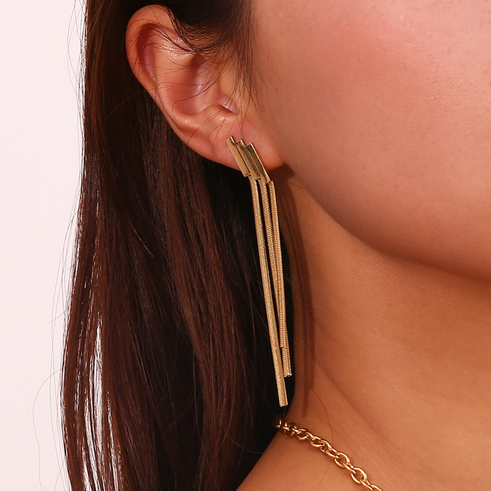 STUD 18K gold-plated stainless steel geometric layered bar tassel chain drop earrings