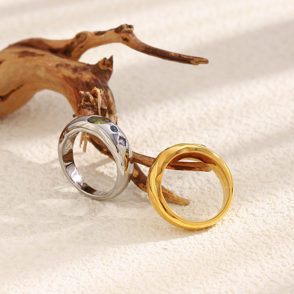 Silver multicolor geometric zircon ring by STUD – 18K white gold plated, modern chunky design