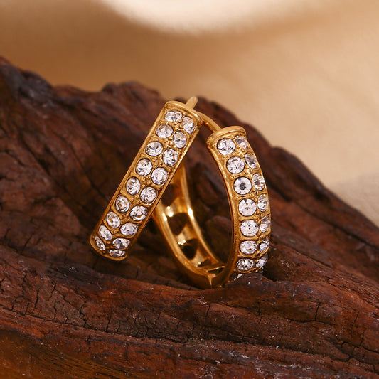 18K gold plated pavé hoop earrings with double-row crystals and heart cut-out back – STUD