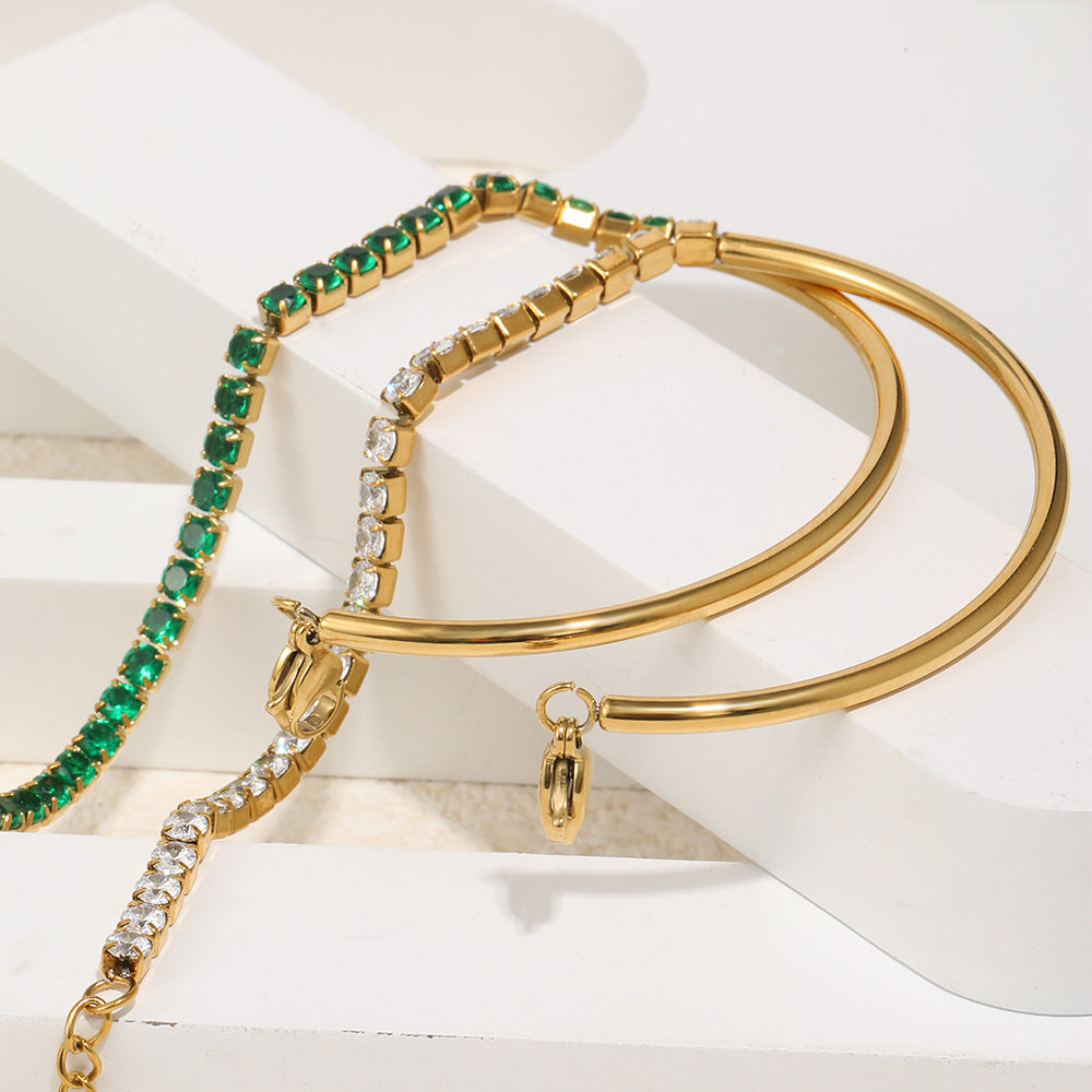 18K gold-plated half bangle half chain bracelet with rich green cubic zirconia stones, vintage-modern statement jewelry for women