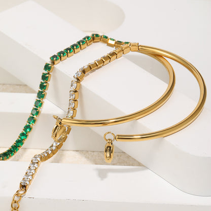 18K gold-plated half bangle half chain bracelet with rich green cubic zirconia stones, vintage-modern statement jewelry for women