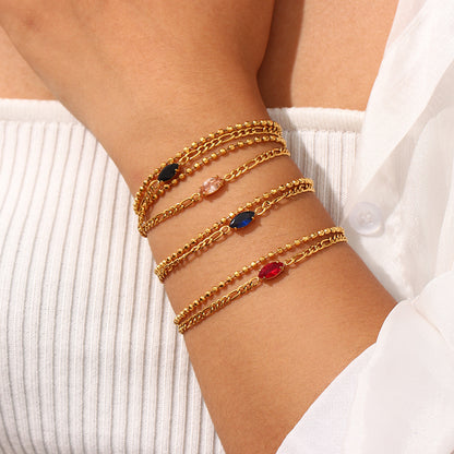 Simple Double-Layer Blue Zircon Figaro Chain Beaded Bracelet