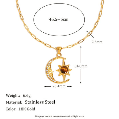 18K gold plated celestial necklace with moon, star, zircon and tiger eye gemstone – STUD
