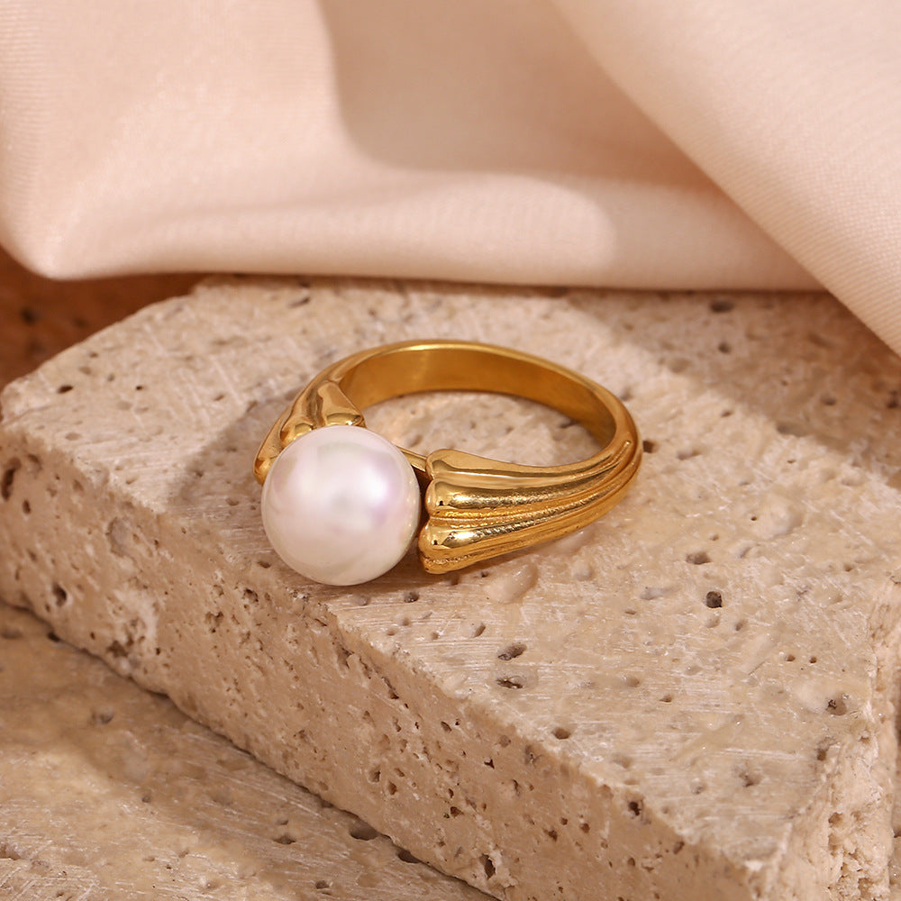 Dual-Sided Textured Pearl Ring | 18K Gold-Plated Stainless Steel