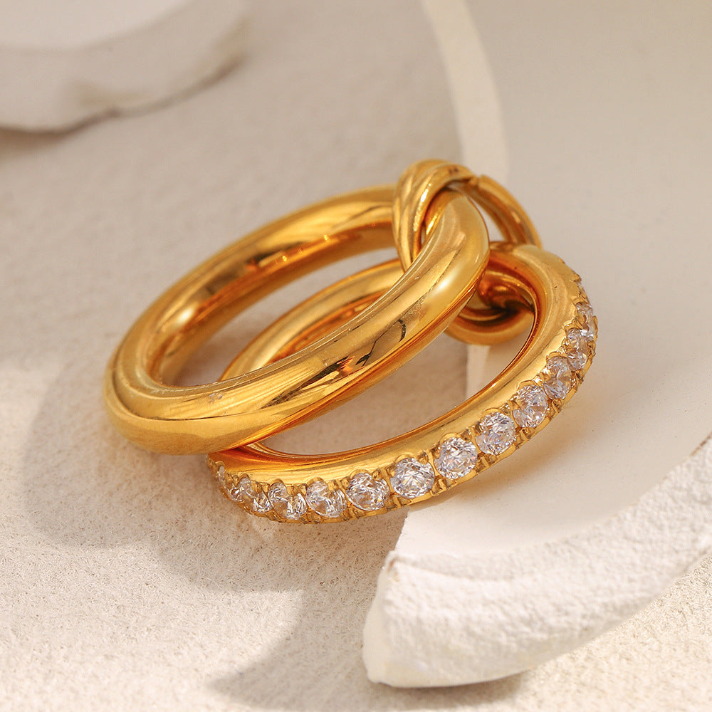 18K gold-plated stainless steel double layer ring with embedded zircon stones for women