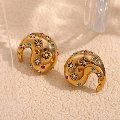 Close View of Radiant swirl stud earrings with multicolor zirconia – 18K gold-plated, waterproof, hypoallergenic by STUD (Shop Till You Drop)