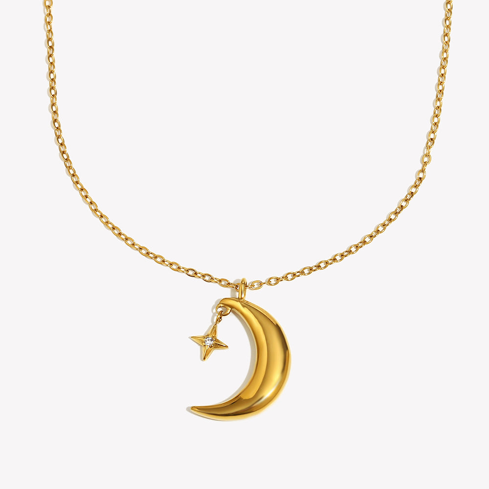 18K gold-plated crescent moon and star pendant necklace on stainless steel chain