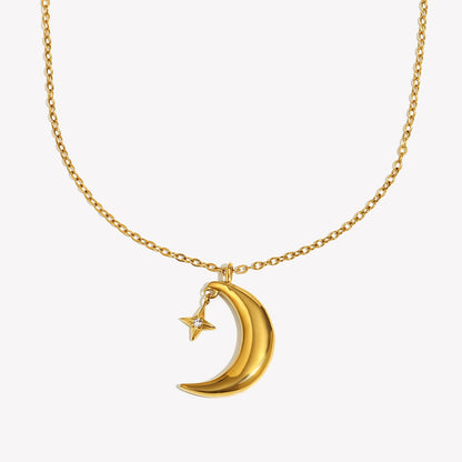 18K gold-plated crescent moon and star pendant necklace on stainless steel chain