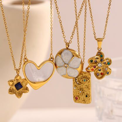 18K gold-plated stainless steel vintage enamel flower pendant necklace