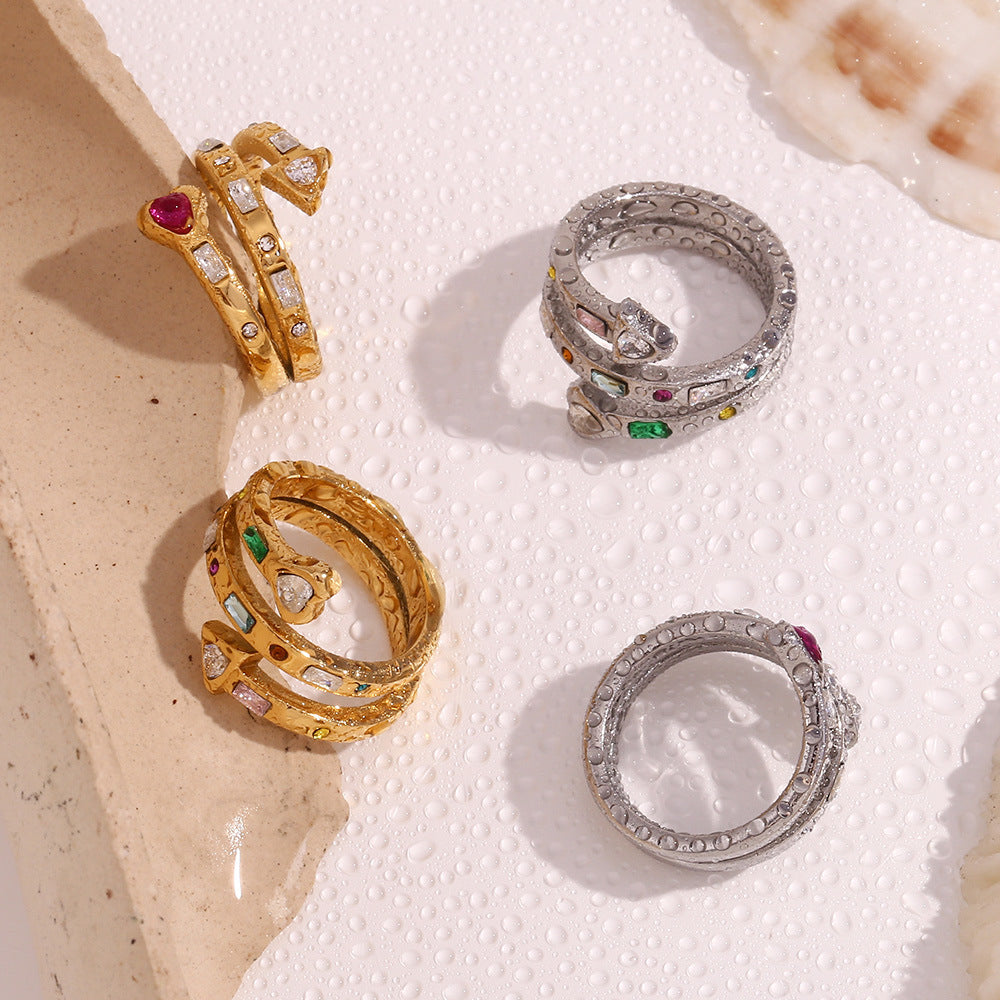 Gold rainbow stone open ring with heart and arrow design