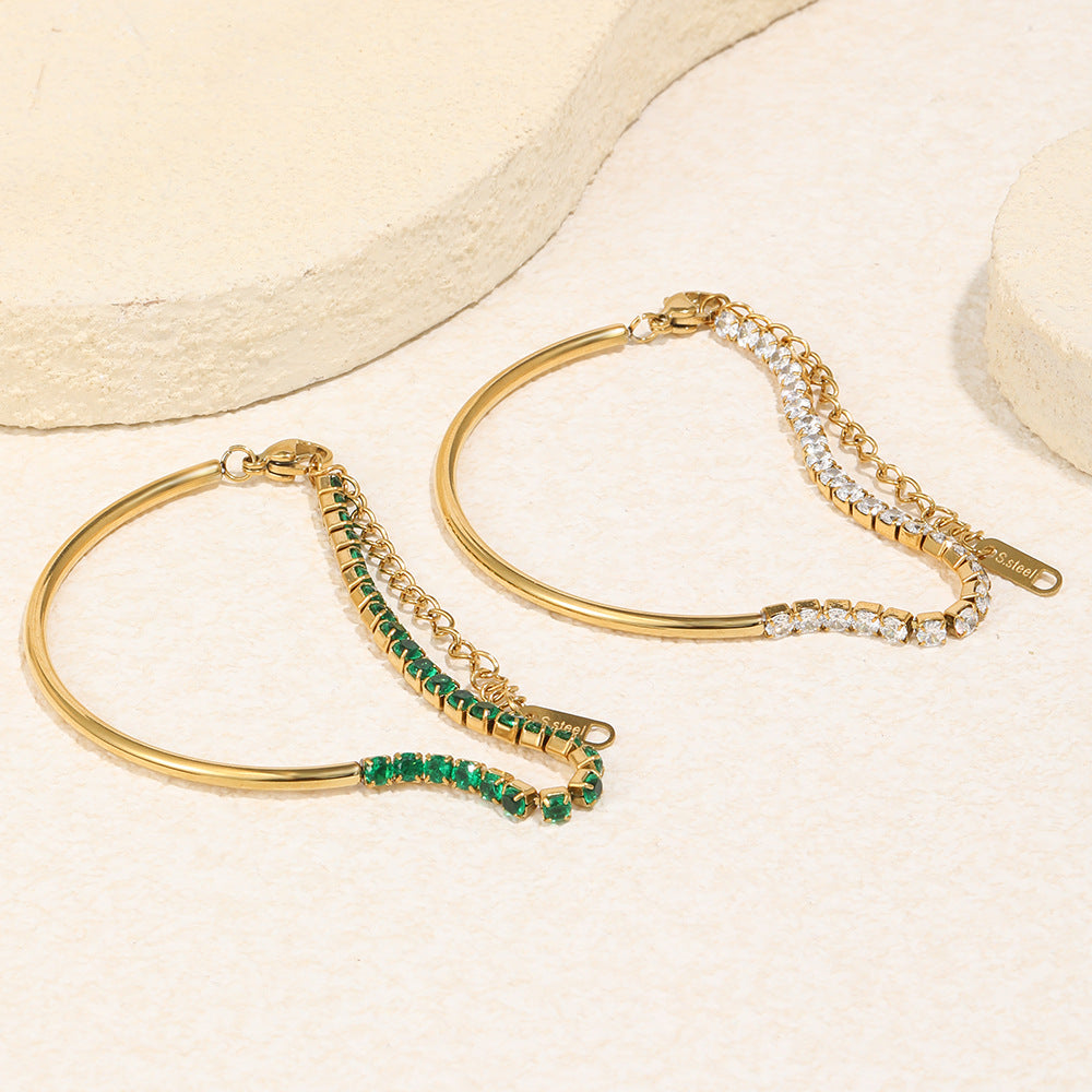 18K gold-plated half bangle half chain bracelet with rich green cubic zirconia stones, vintage-modern statement jewelry for women