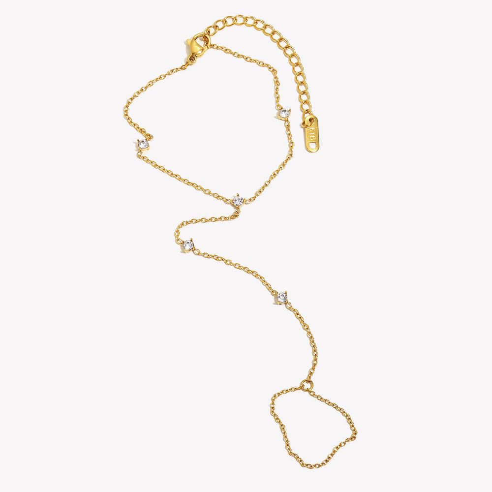 Crystal gold chain finger ring bracelet with 18K plating