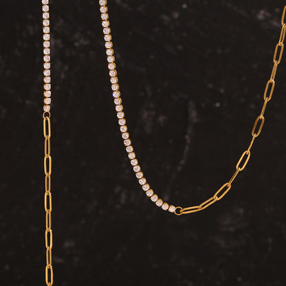 Close View of Gold paperclip chain necklace with zircon accents – 18K gold-plated, waterproof and hypoallergenic by STUD (Shop Till You Drop)