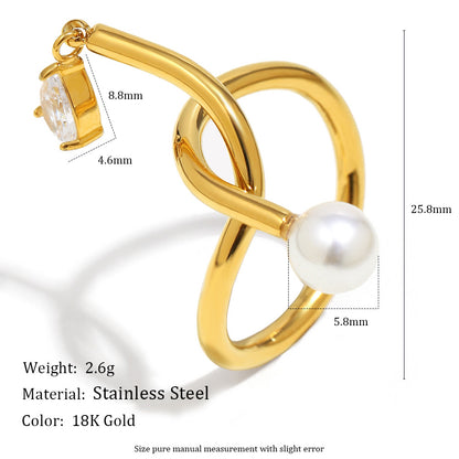 18K gold-plated stainless steel open ring with knot design, zircon charm and pearl drop