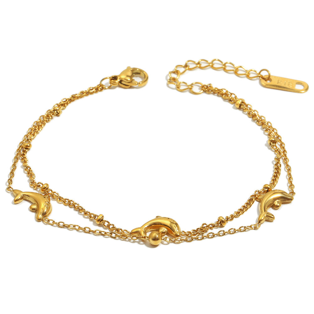 18K Gold Dolphin Double Chain Bracelet – Stainless Steel, Ocean-Inspired Jewelry