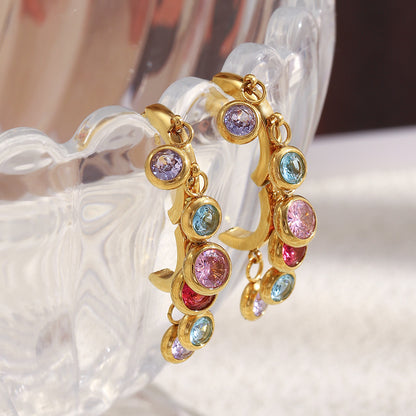 18K gold-plated stainless steel hoop earrings with colorful dangling zircon stones for women