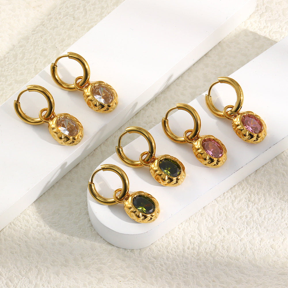STUD 18K gold-plated stainless steel hammered oval hoop earrings with green zircon stone