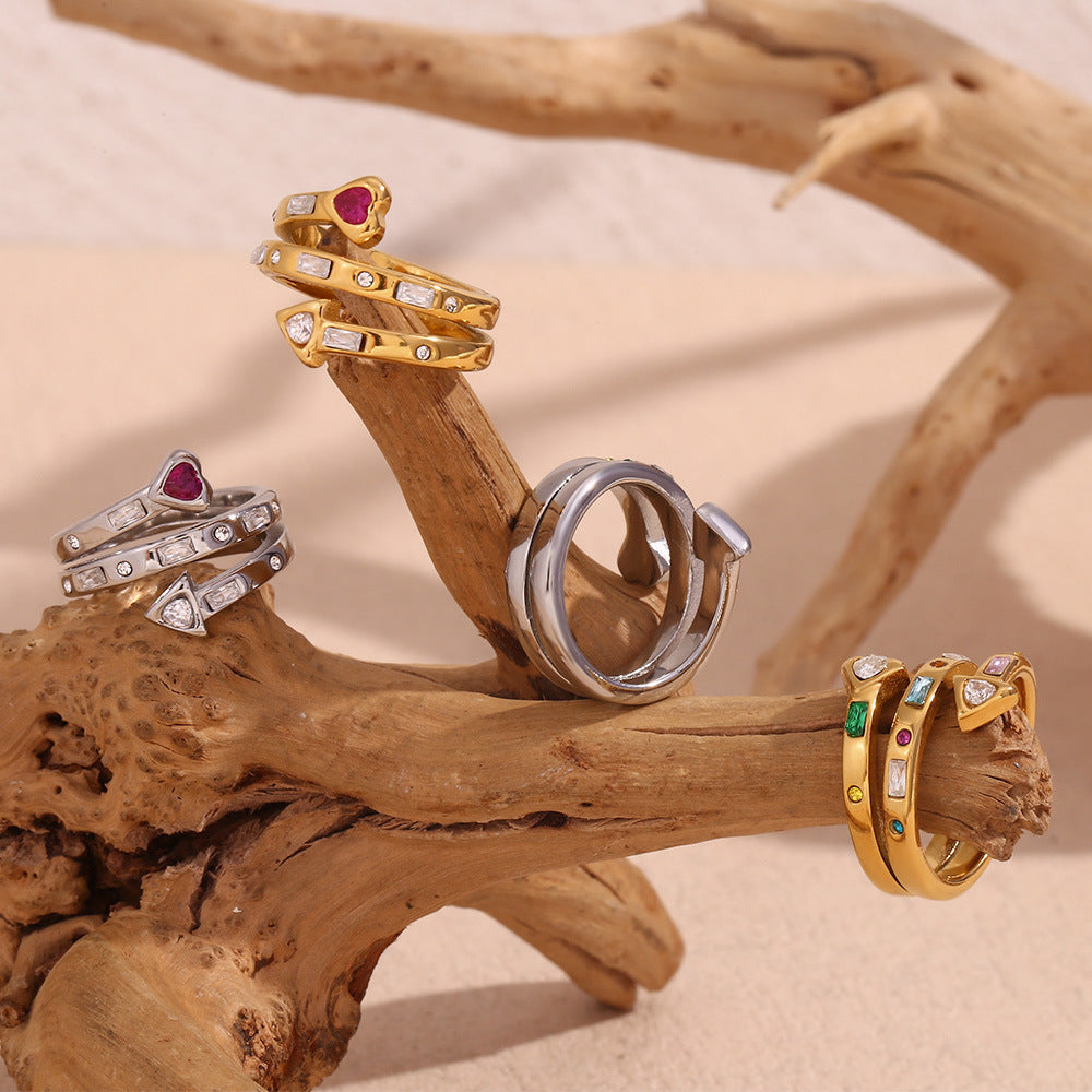 18K gold-plated red heart open ring with arrow and zircon design