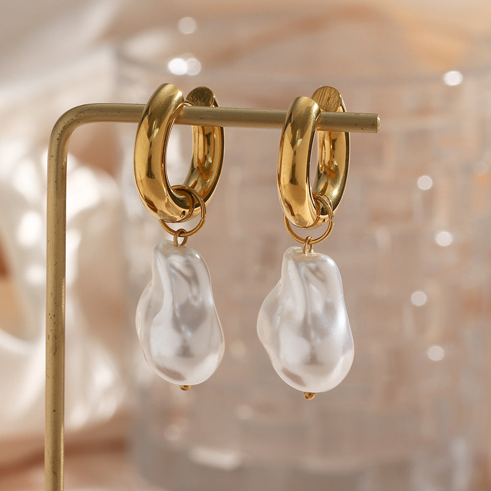 Elegant Baroque Pearl Hoop Earrings | 18K Gold-Plated Stainless Steel