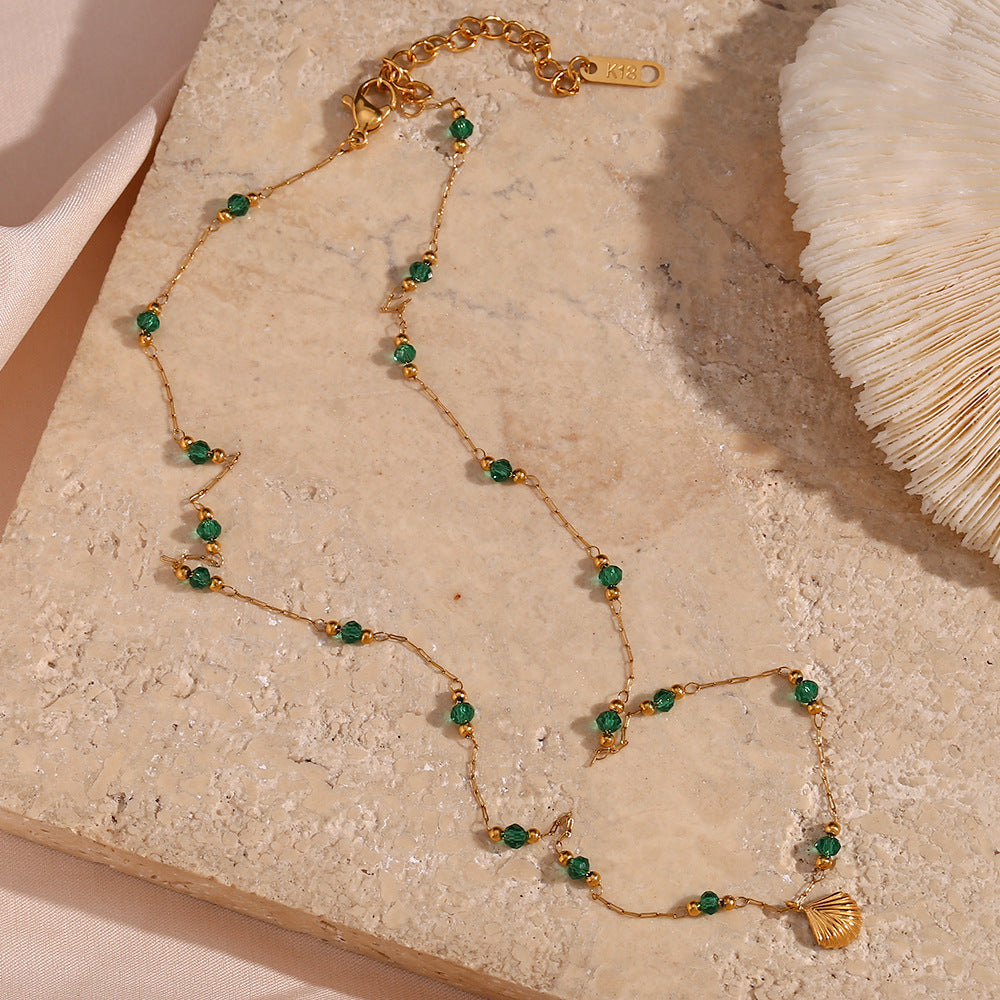 Minimalist Chic Green Bead & Shell Pendant Necklace