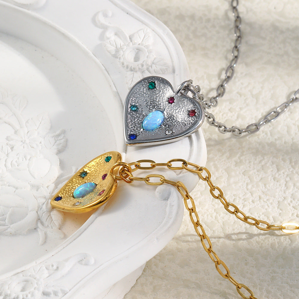 STUD 18K gold-plated stainless steel heart necklace with opal and colorful zircon stones