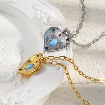 STUD 18K gold-plated stainless steel heart necklace with opal and colorful zircon stones