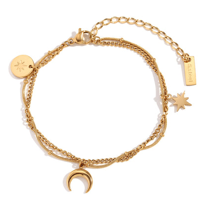 Close View of 18K gold-plated layered moon and star charm bracelet – waterproof and hypoallergenic celestial jewelry for Gen Z