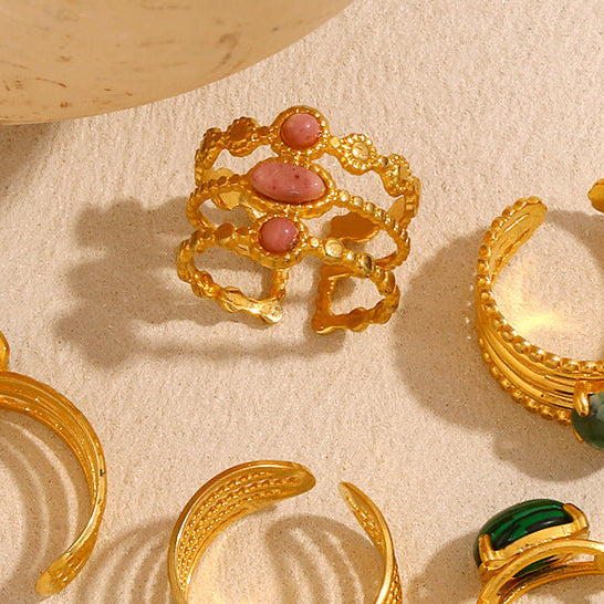 Vintage-inspired 18K gold plated double band ring with pink natural stones for women