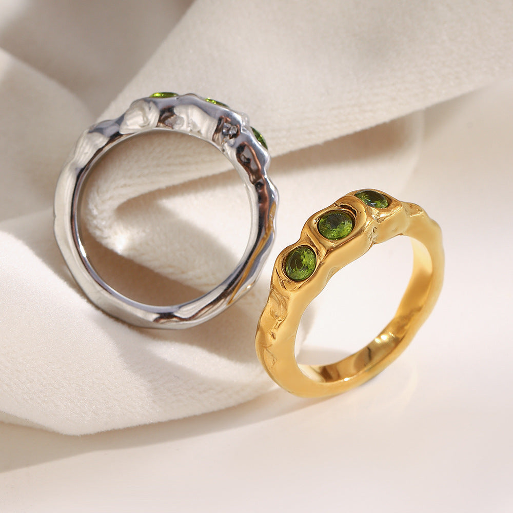 18K gold-plated chunky sculptural ring with three olive-green round cubic zirconia stones in raised square bezel settings, modern statement ring for women