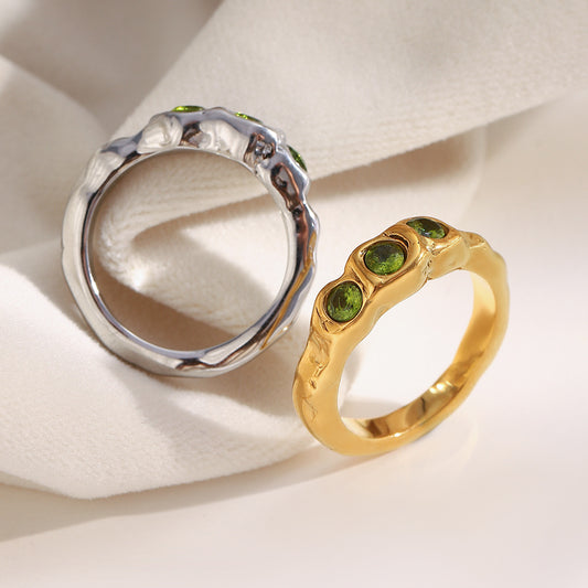 18K gold-plated chunky sculptural ring with three olive-green round cubic zirconia stones in raised square bezel settings, modern statement ring for women