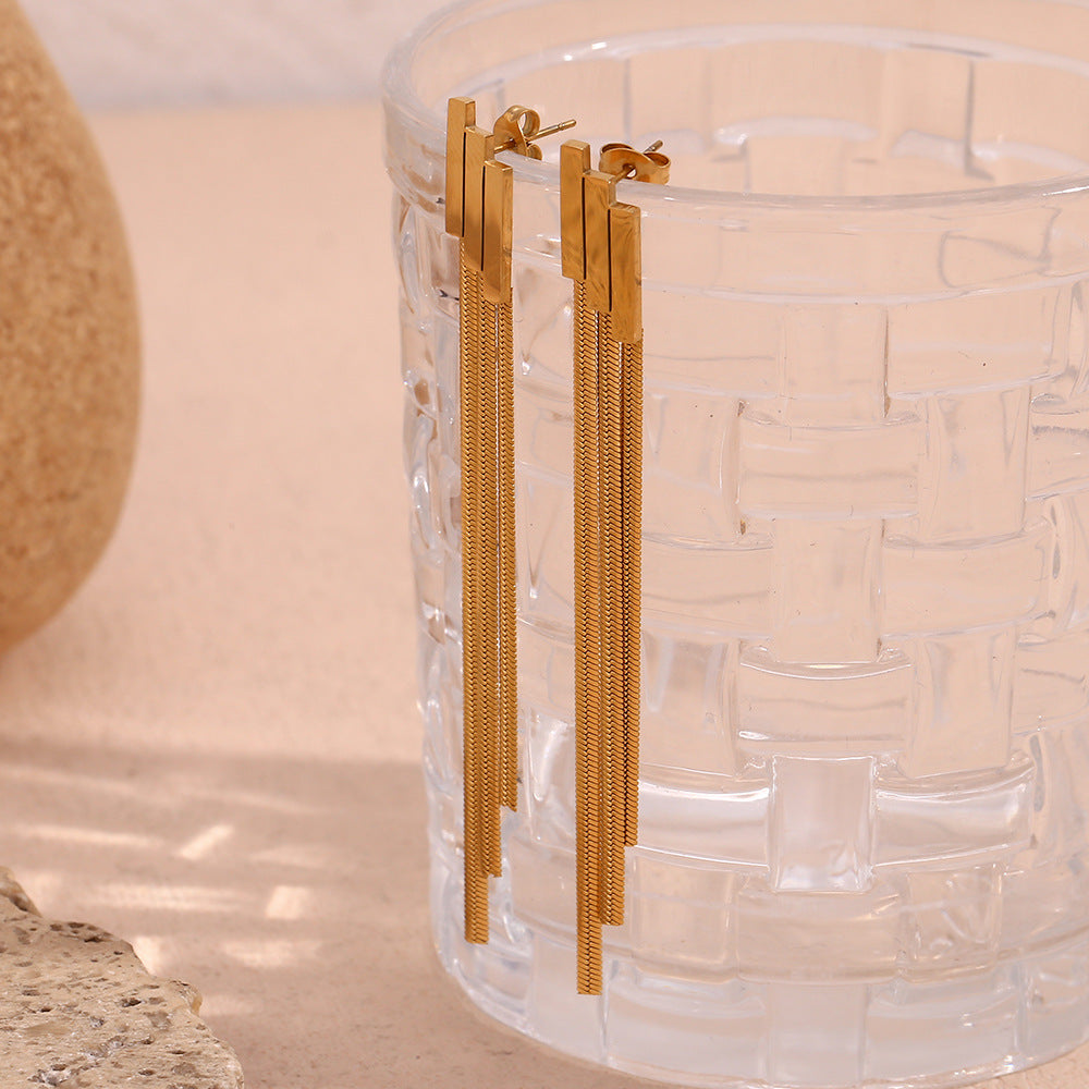 STUD 18K gold-plated stainless steel geometric layered bar tassel chain drop earrings