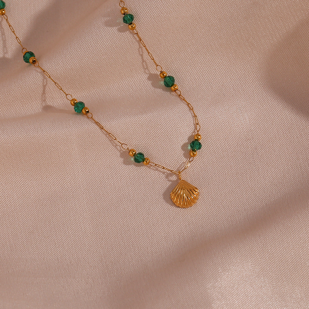 Minimalist Chic Green Bead & Shell Pendant Necklace