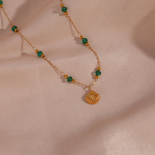 Minimalist Chic Green Bead & Shell Pendant Necklace